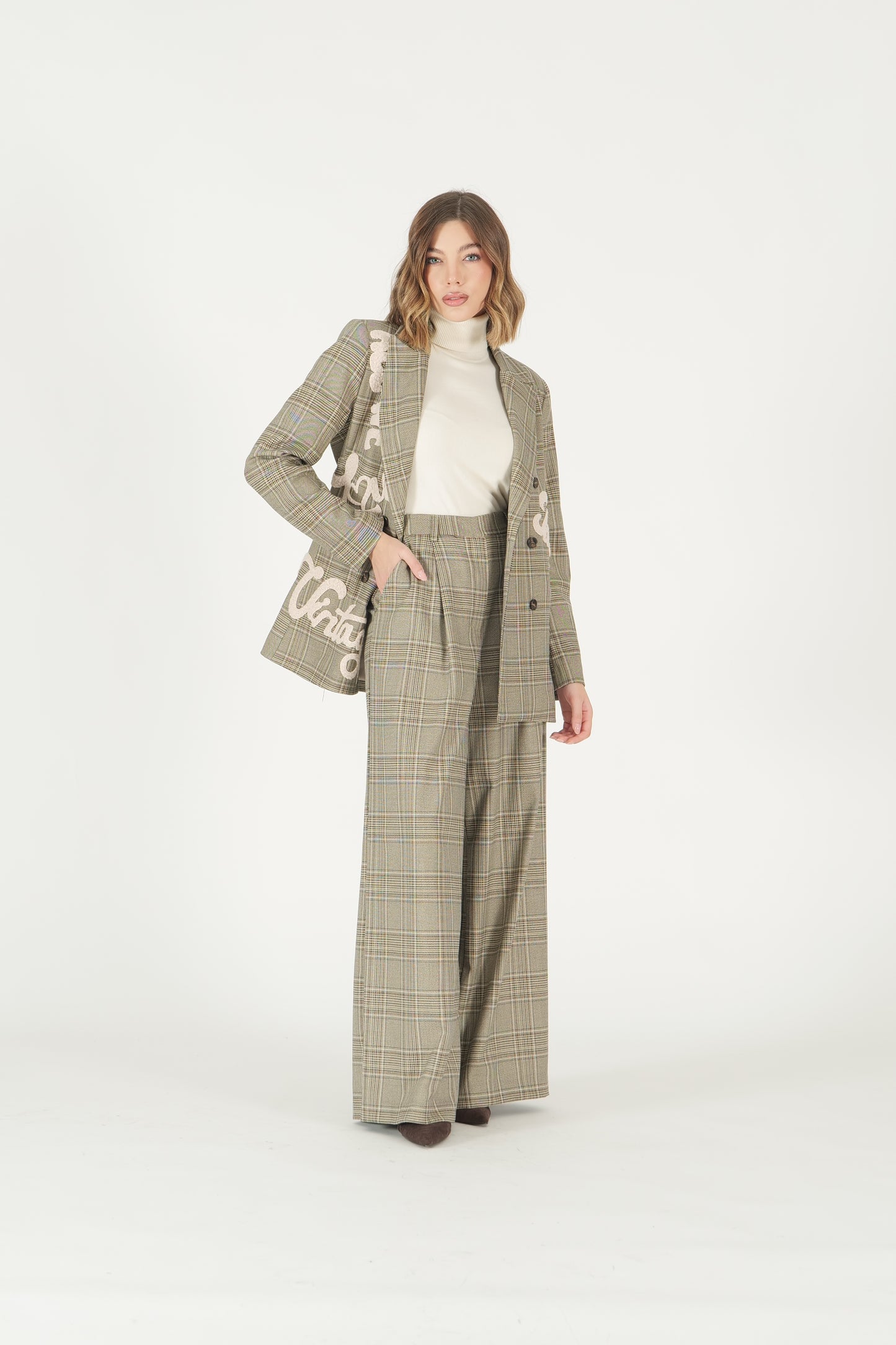 Pantaloni palazzo a quadri con pinces