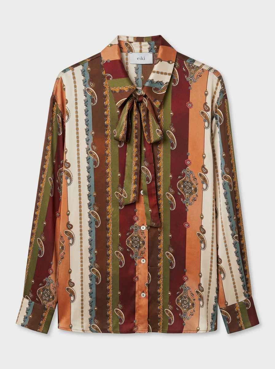 Camicia in Satin a Righe e Stampa Paisley con Fiocco al Collo
