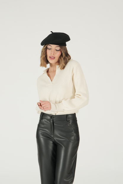 Pullover con colletto in maglia a coste