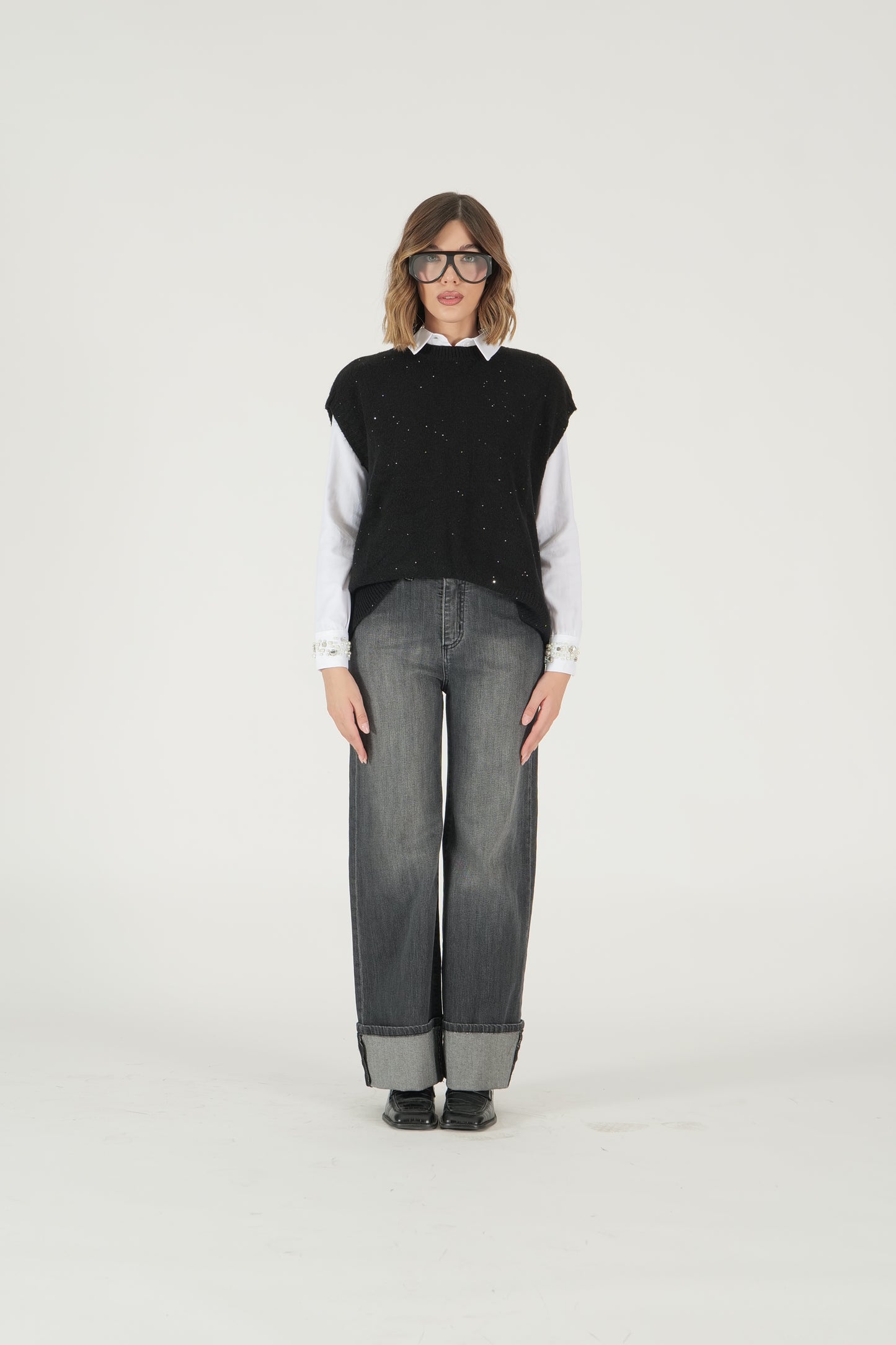 Jeans palazzo con risvolto