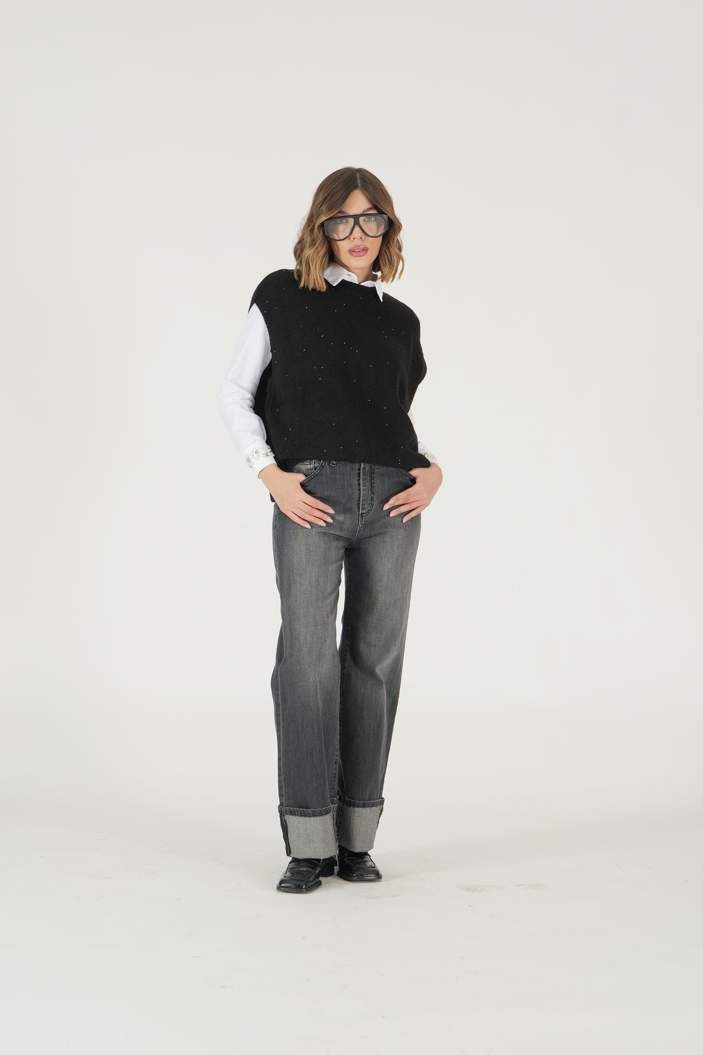 Jeans palazzo con risvolto