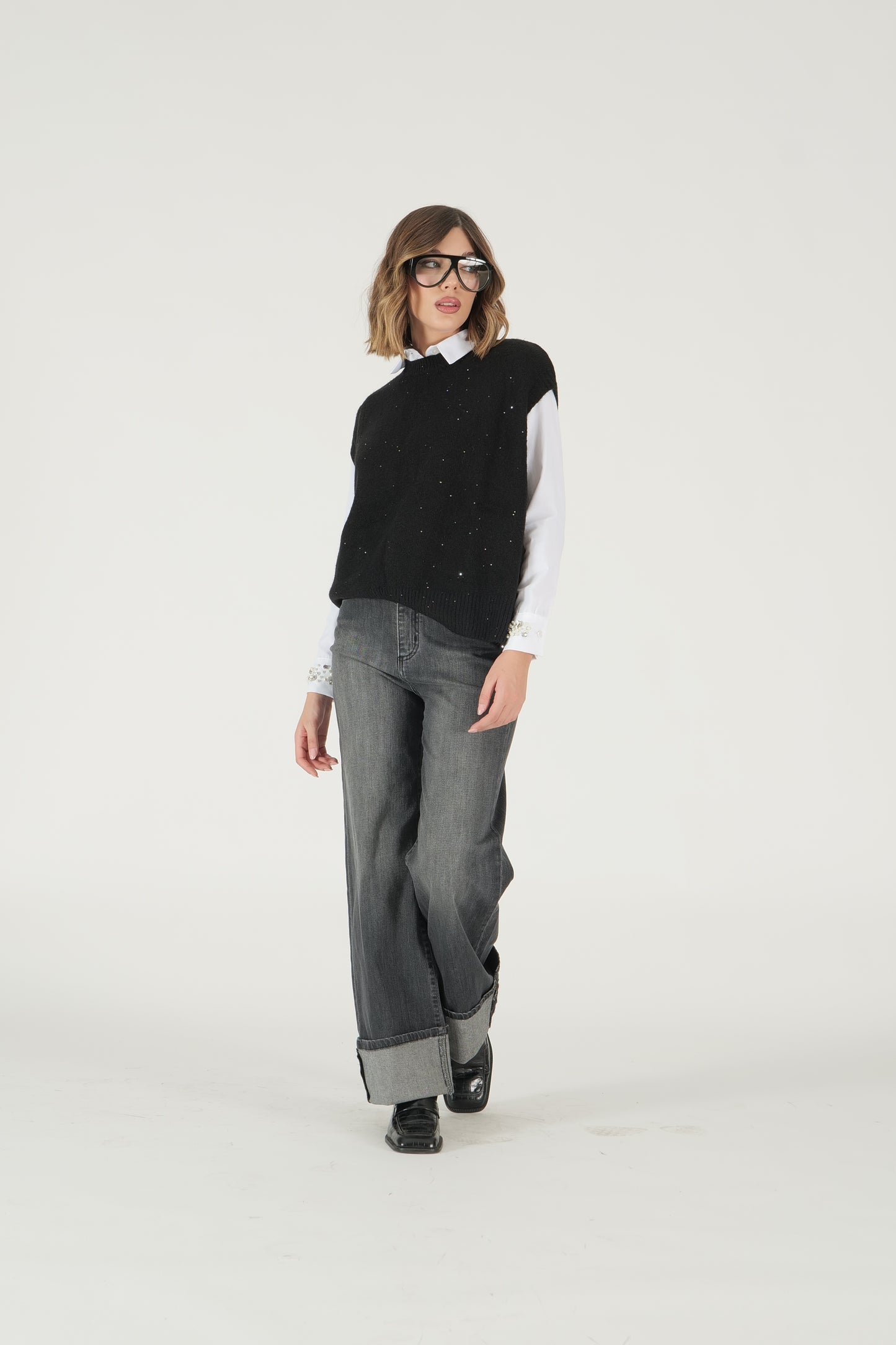 Jeans palazzo con risvolto