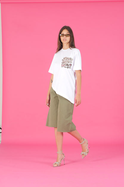 T-shirt asimmetrica con tasca paillettes
