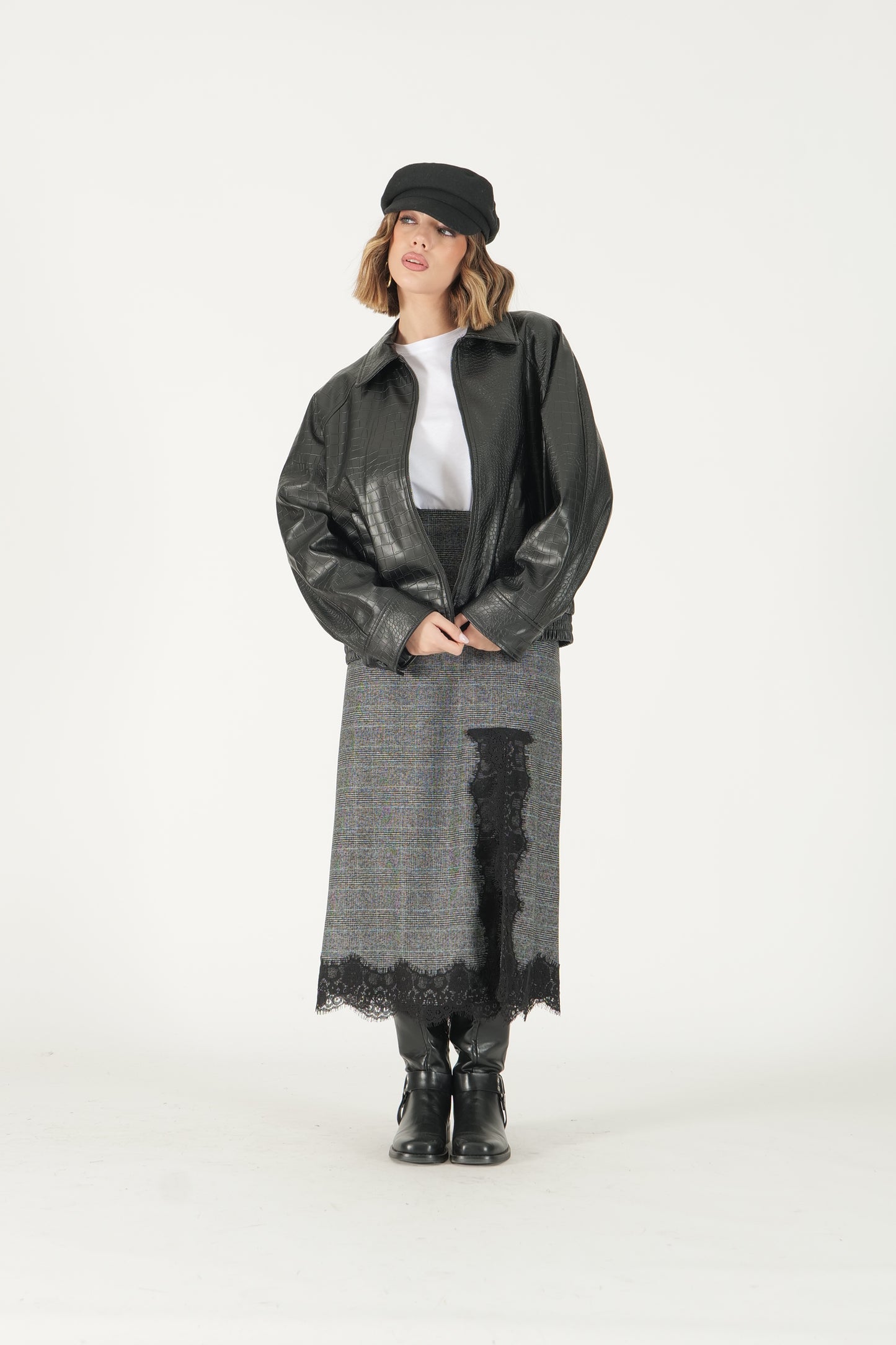 Gonna midi tartan con dettaglio pizzo