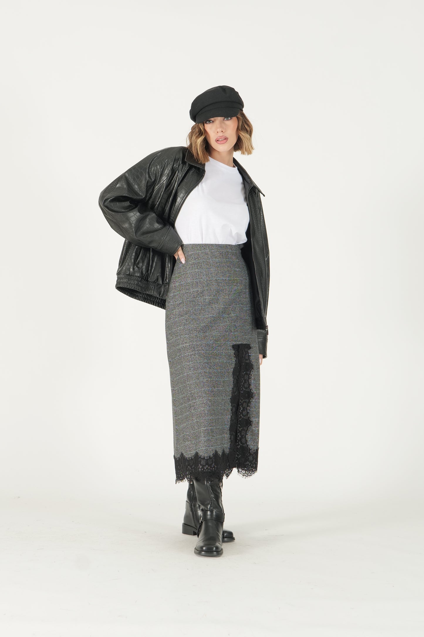 Gonna midi tartan con dettaglio pizzo