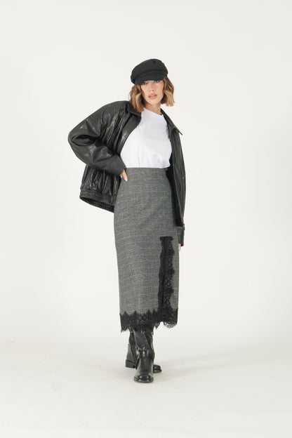 Gonna midi tartan con dettaglio pizzo