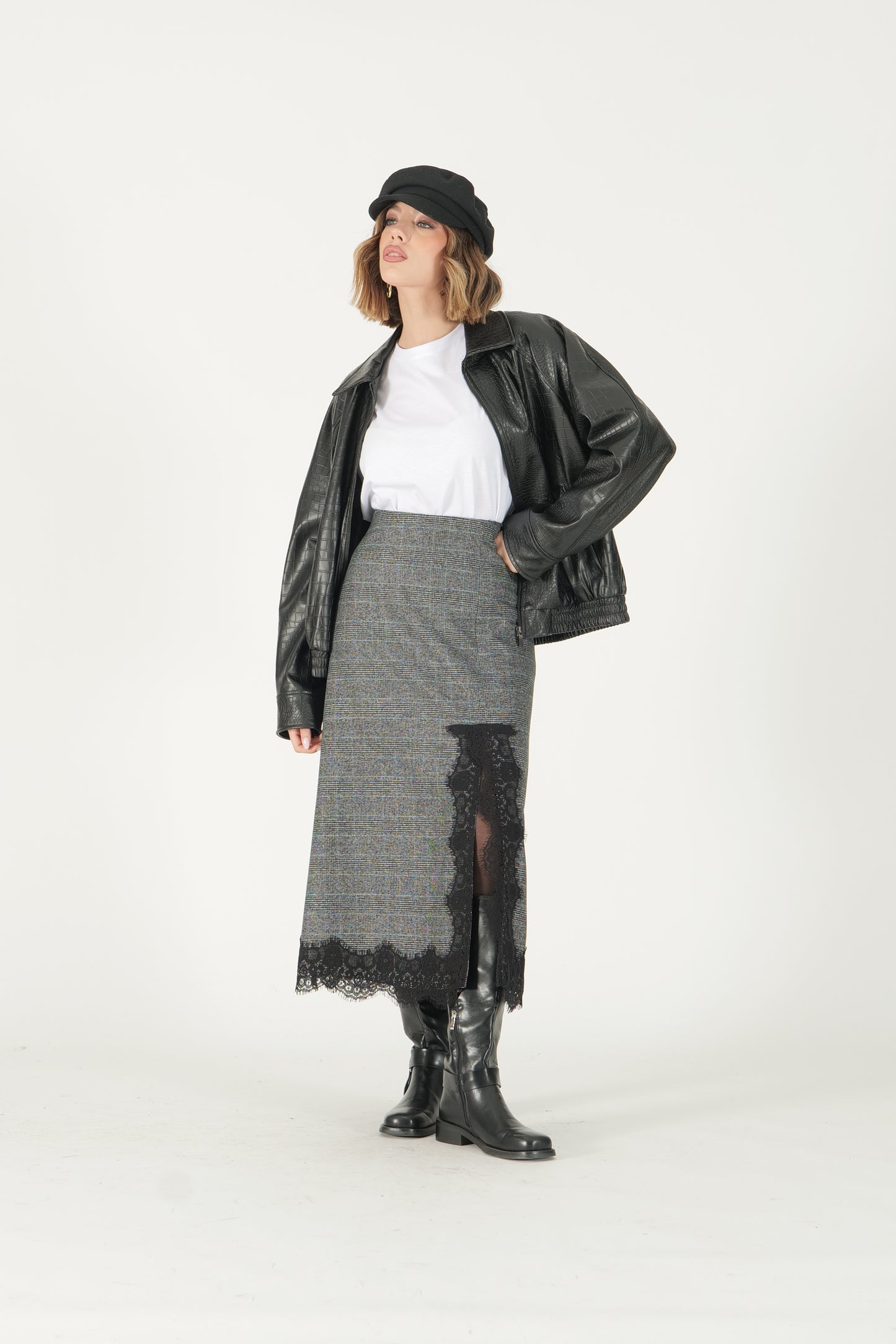 Gonna midi tartan con dettaglio pizzo