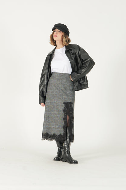 Gonna midi tartan con dettaglio pizzo