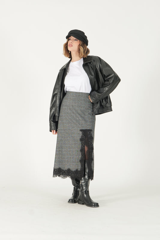 Gonna midi tartan con dettaglio pizzo