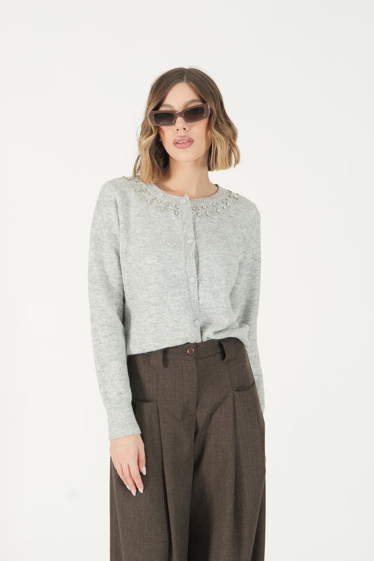 Cardigan girocollo con applicazioni